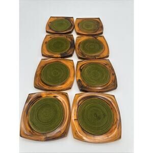 8 Vintage Lucite Drink Coasters Tortoise Shell Rope Coil Acrylic Amber